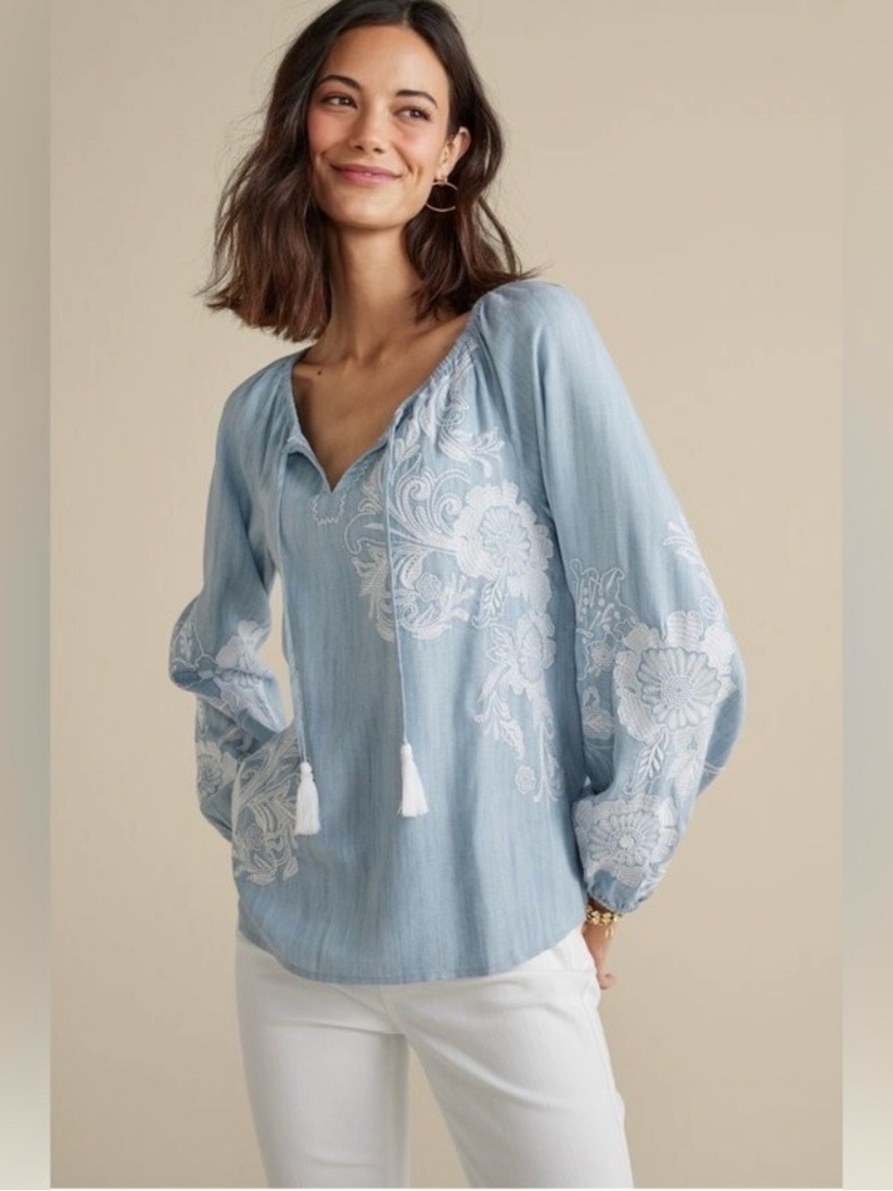 Soft Surroundings Size S Diya Embroidered Tencel Peasant Top Light Chambray